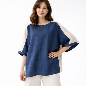 Stefani Linen Tunic Top Size 1 Large XL Blue Pullover Short Sleeve Oversized